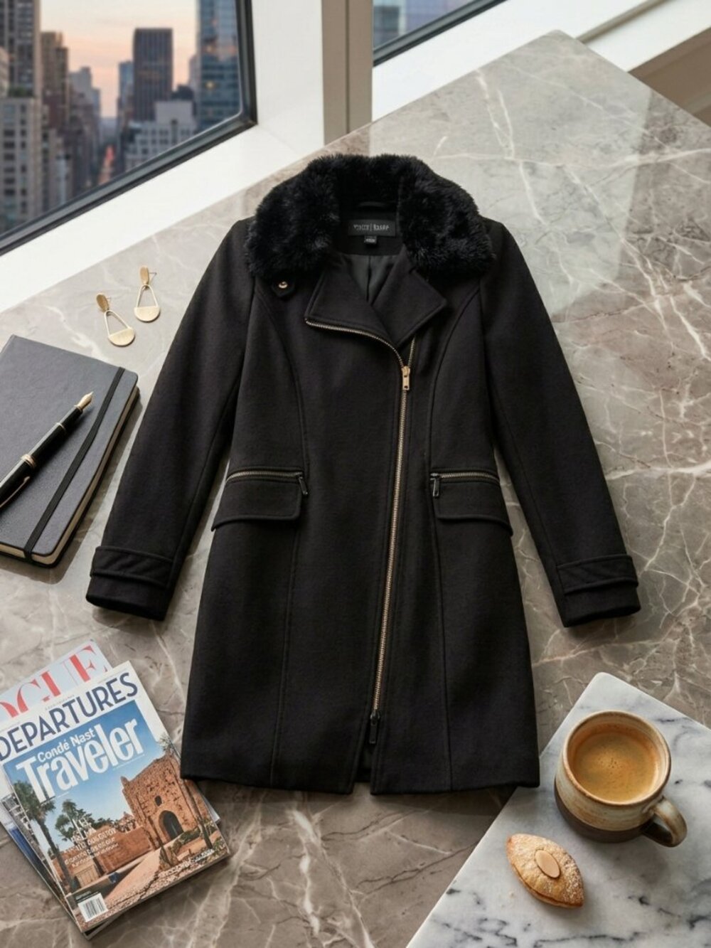 White House Black Market Women's Black Asymmetrical Zip Moto Coat